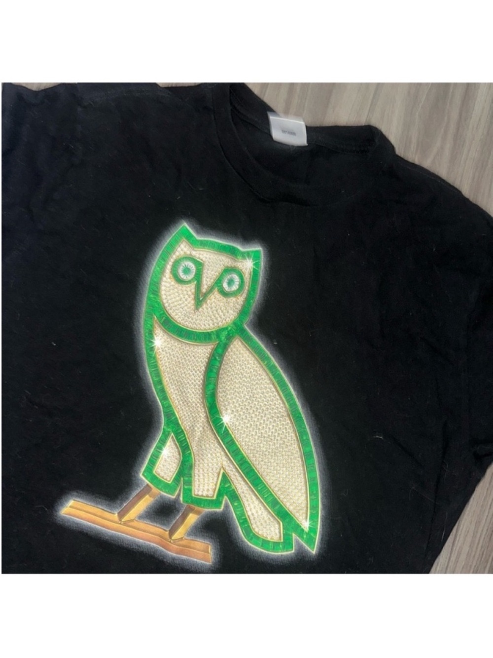 OVO Black Tee with Green-Trim Cream Owl Graphic